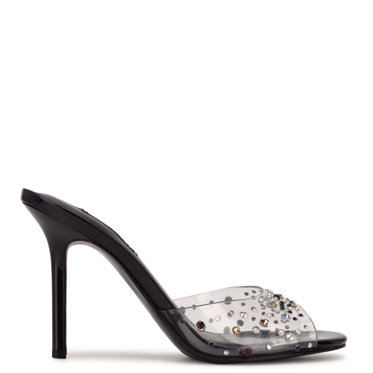 Sandalias Deslizantes Nine West Ido Rhinestone Tacón Negras | 4928VJZKN